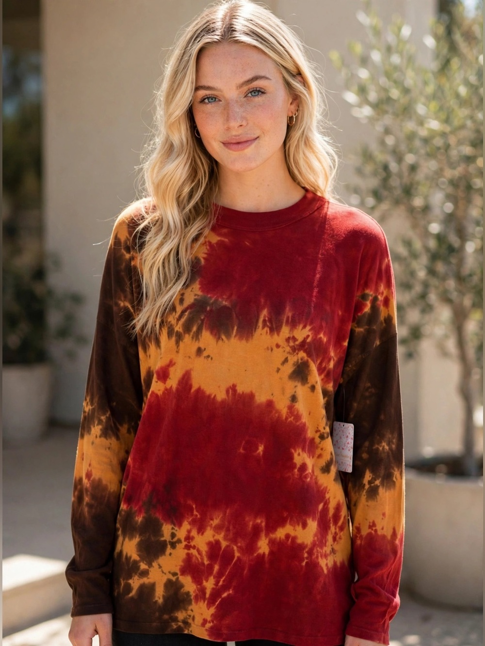 We The Free Tie-Dye Long Sleeve Shirt — Red, Mustard & Brown